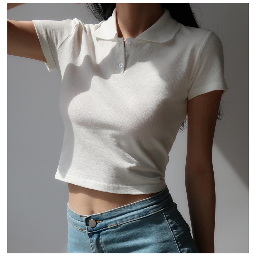 [Premium] Korean Plain Solid  Short Sleeve Polo Crop Top 7028 S/M/L