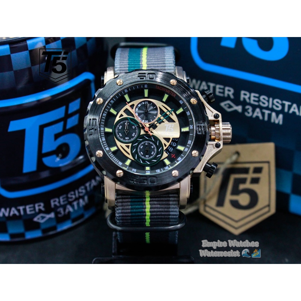 Jam Tangan T5 H3946G H3946 3946 Pria Cowok Chrono dan Tanggal Aktif Strap Nylon Kualitas Original Wa