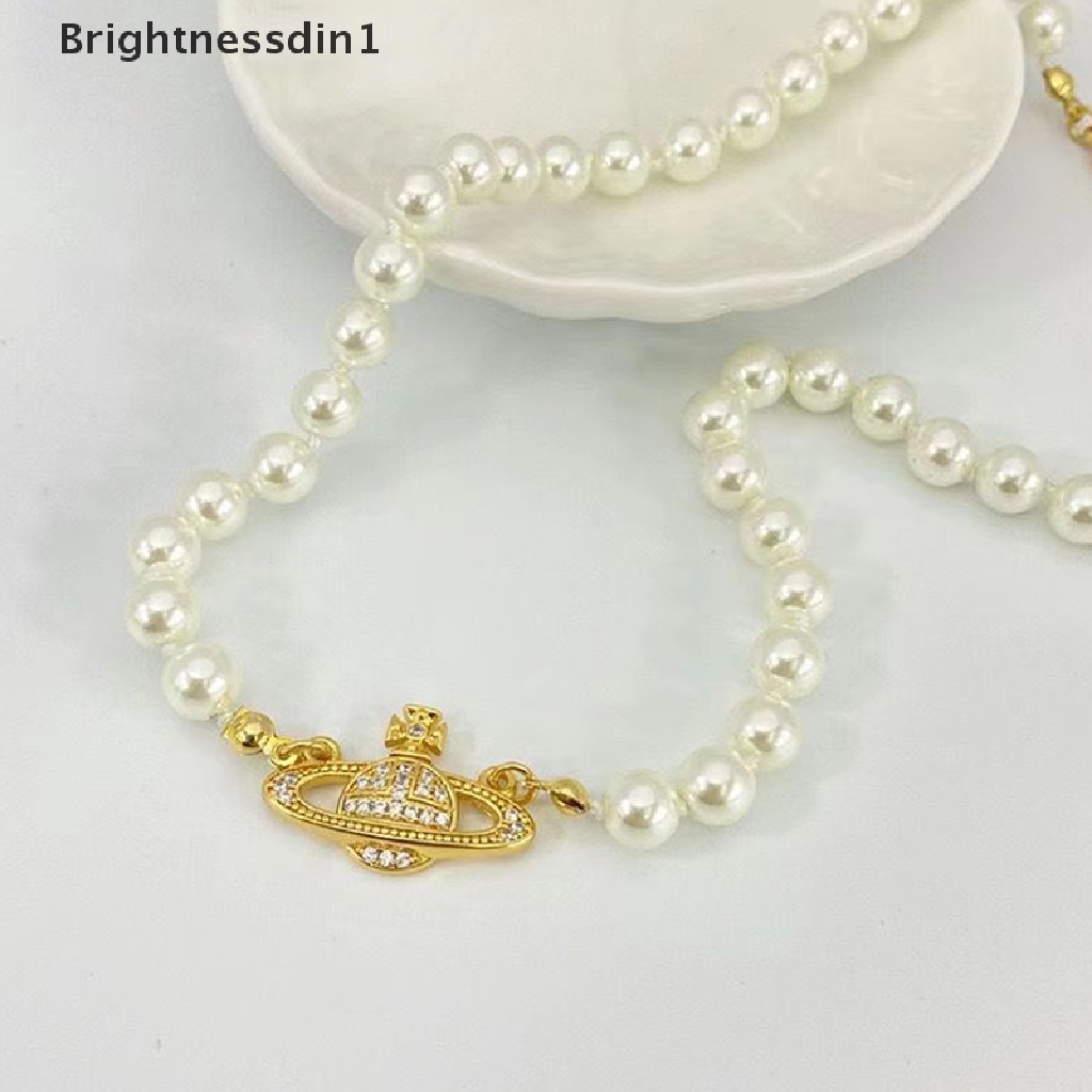 [Brightnessdin1] 1 Pc Gold Silver Saturn Pearl Necklace Pearl Beaded Kristal Berlian Imitasi Kalung Butik
