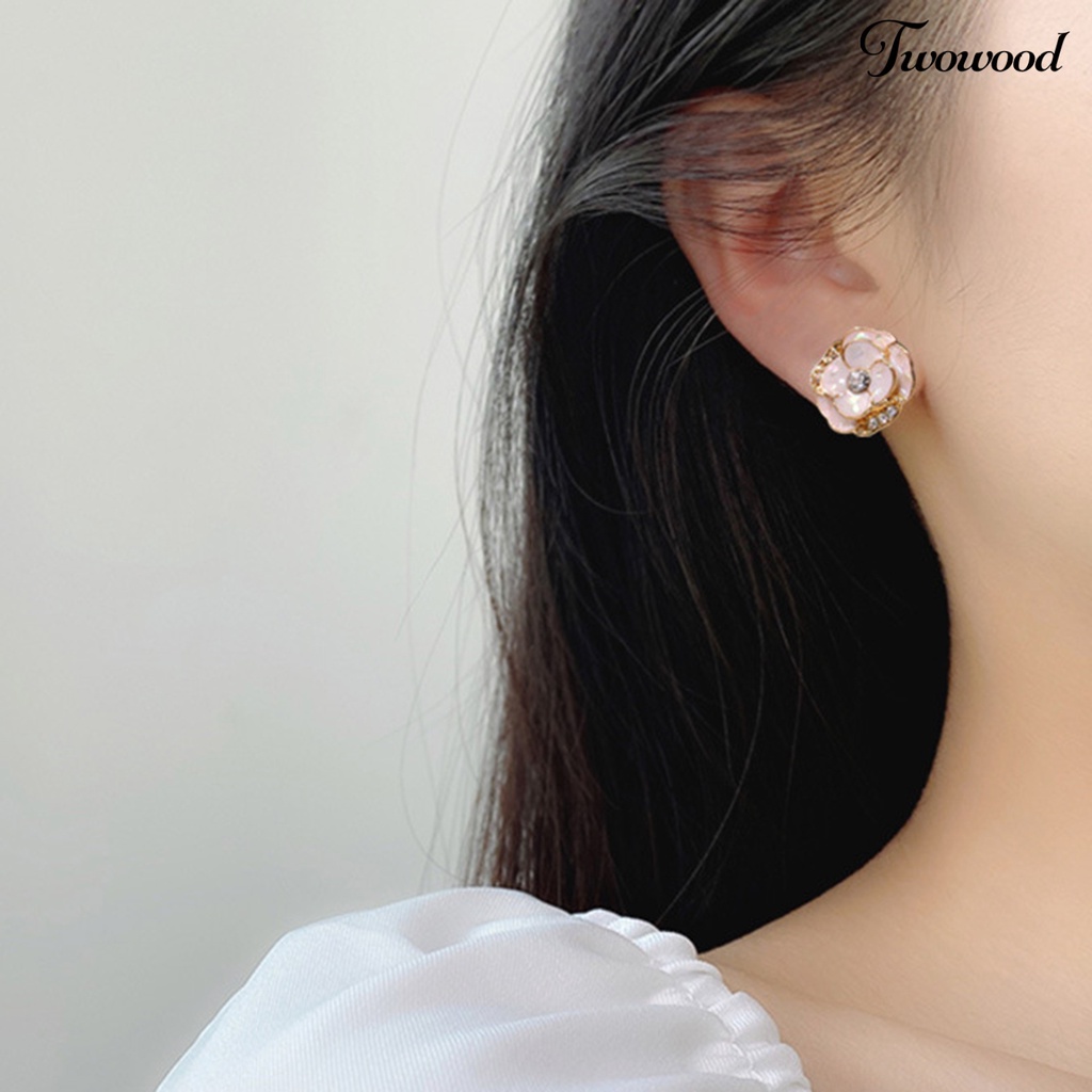 Twowood 1pasang Ear Studs Elegan Dainty Temperamen Berkilau Berlian Imitasi Enamel Bunga Wanita Anting Fashion Perhiasan