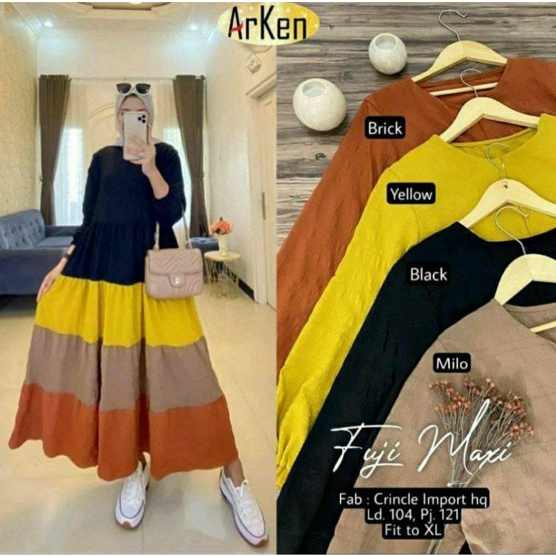 Gamis Fuji Midi - Gamis Terbaru Rayon Premium Dress Wanita Pelangi Lengan Karet Maxi Dress Kekinian LD 110 cm