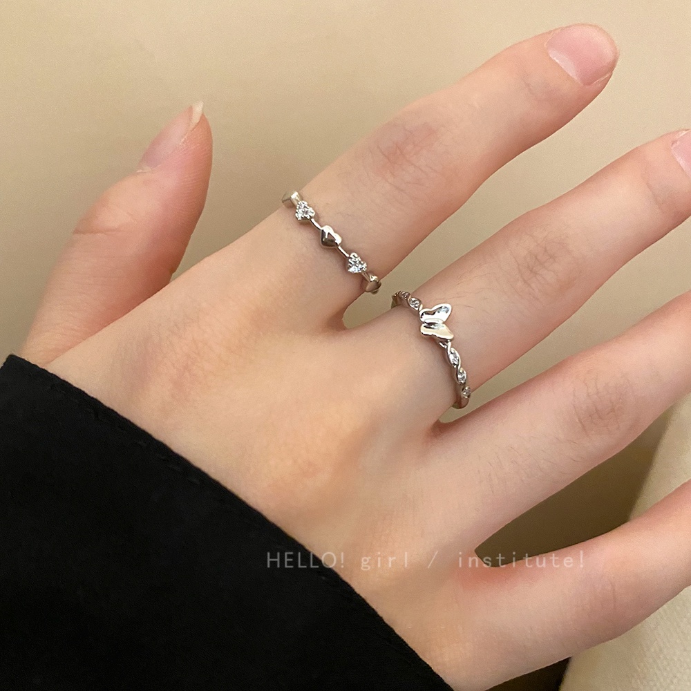 2pcs/set Cincin Kupu-Kupu Hati Elegan Set Kristal Cincin Perak Untuk Aksesoris Perhiasan Wanita