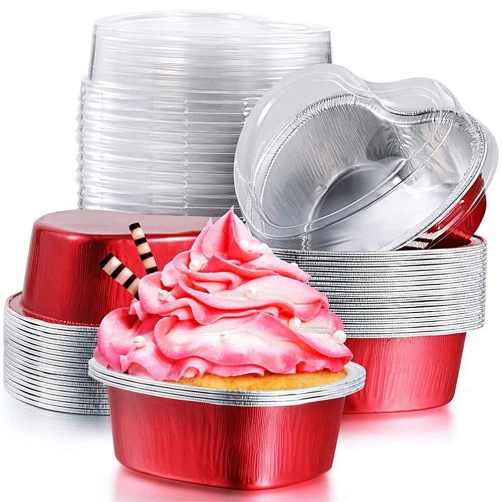 Solighter 10PCS Aluminium Foil Tin Cup Baru Alat Kue Tray Cup Tinfoil Dengan Tutup Tinfoil Kotak Mini Wadah Makanan Ringan Muffin Cupcake Cup