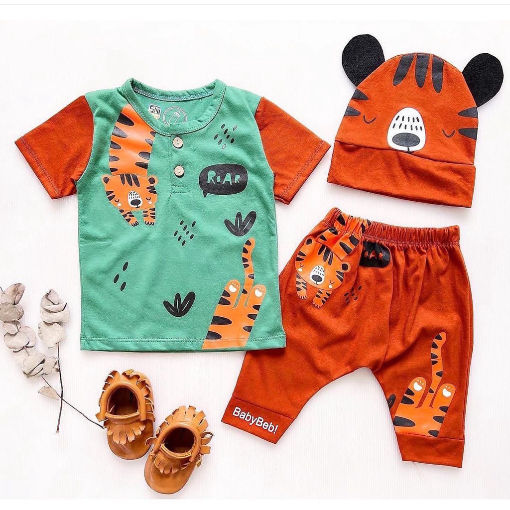 COD SETELAN BAJU ANAK BAYI LAKI-LAKI ATASAN DAN CELANA GRATIS TOPI USIA 0-9 BULAN KANCING DEPAN