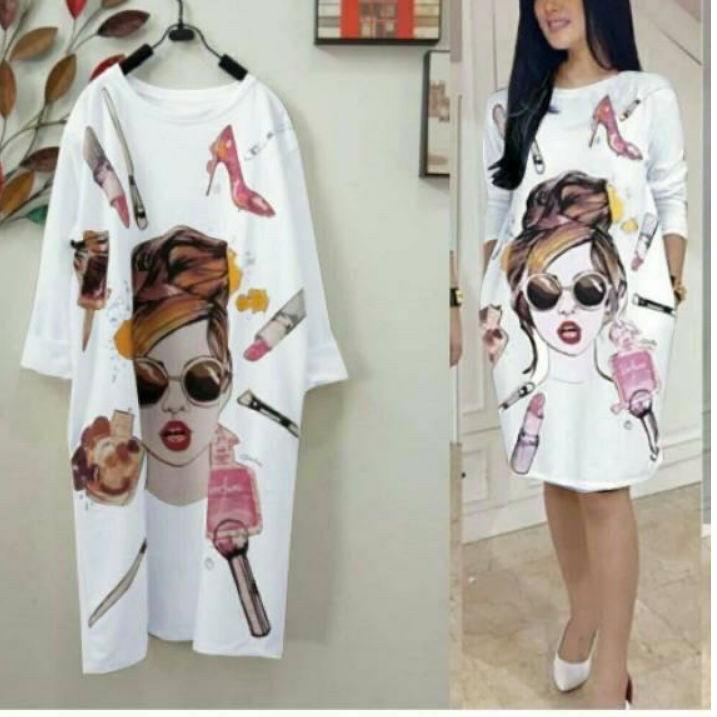 ➯ TUNIK UKURAN JUMBO / TUNIK KAOS JUMBO OVERSIZE / Bunny shop /Dress big size Beauty Putih ➱