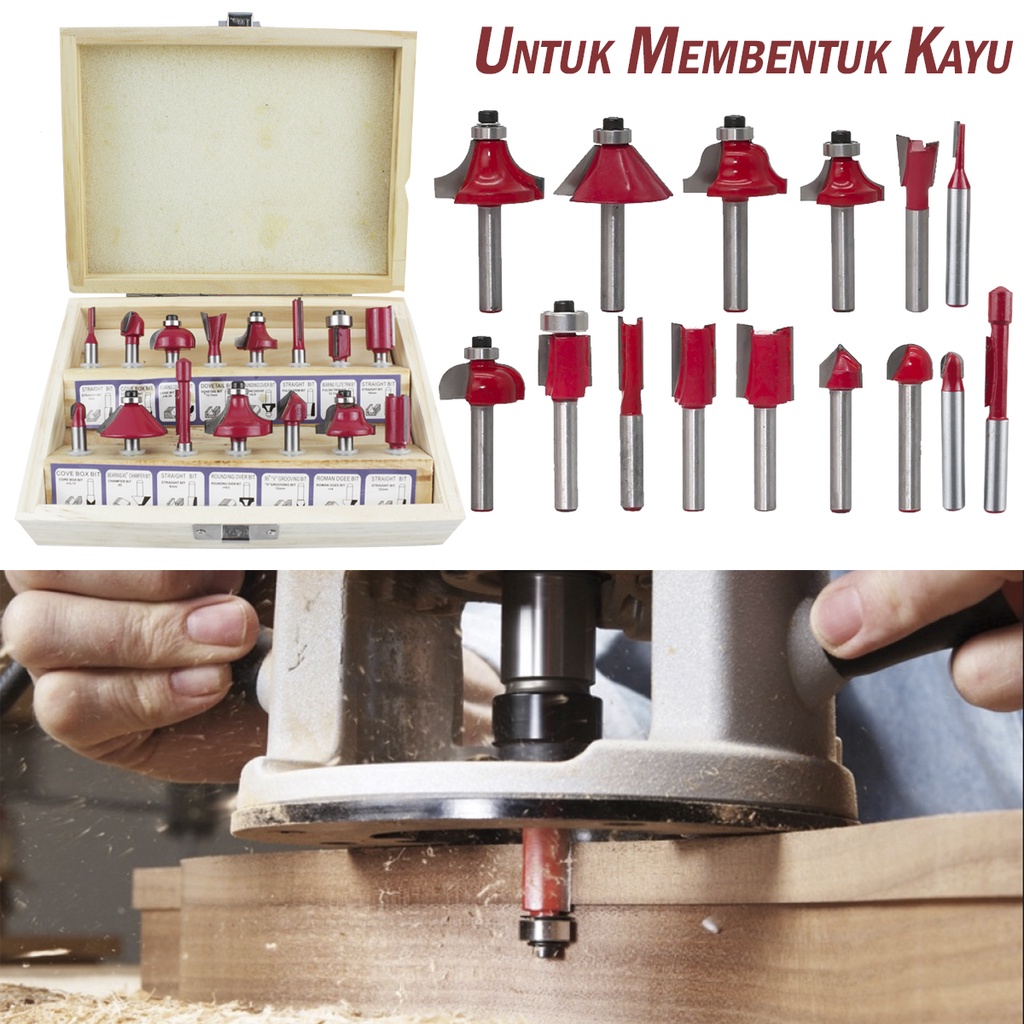 Mata Mesin Profil Router Bit Set 15 Pcs 1/4&quot; Untuk Membentuk Kayu Free Box Kayu -270401