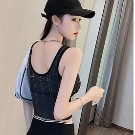 T&amp;Y Tank Top Wanita Model Garis 6590 Bra Sport Wanita Motif Kotak Garis Tanktop BH Push Up Wanita Tanpa Kawat Elastis Pakaian Dalam Yoga Wanita Murah Import