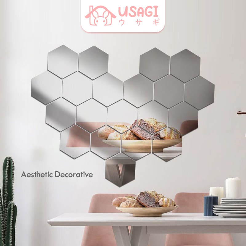USAGI OFFICIAL - Acrylic 3D Wall Sticker 1 Pcs / Cermin Stiker Tempel / Cermin Kaca Hexagonal Hiasan