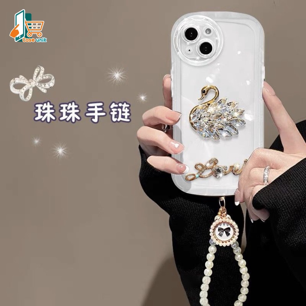 GC15 SOFTCASE WAVY GELOMBANG CLEAR DIAMOND SWAN LANYARD FOR IPHONE 7 8 7+ 8+ X XS XR XS MAX 11 12 13 14 PRO MAX 14 MAX CS5301