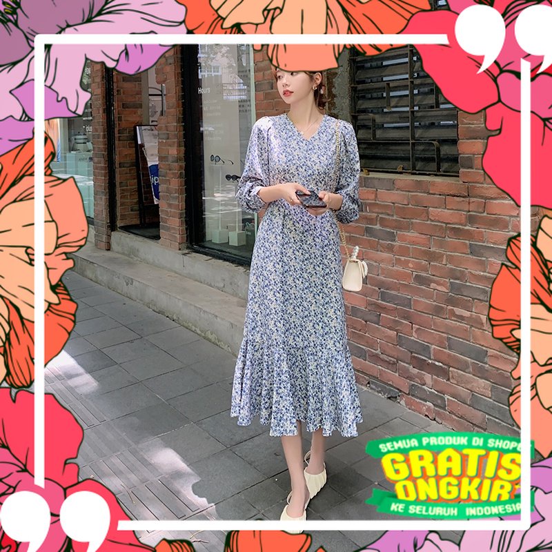 AIMEI Biru fishtail floral dress wanita baru Perancis lengan panjang gaun V-neck / milenial new