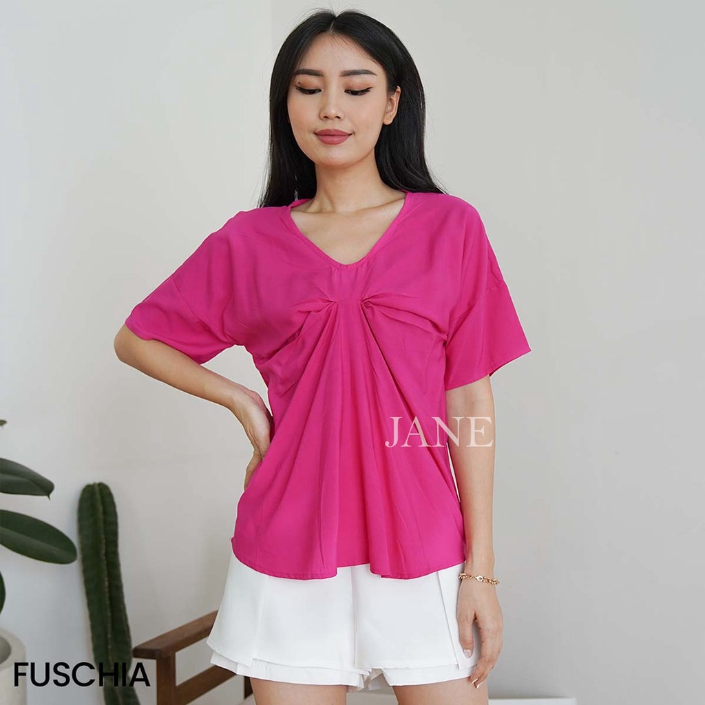 Atasan Wanita Putih Lengan Pendek Bahan Katun Dingin V Neck Korea Polos Warna Hitam Kasual - Blouse Faina