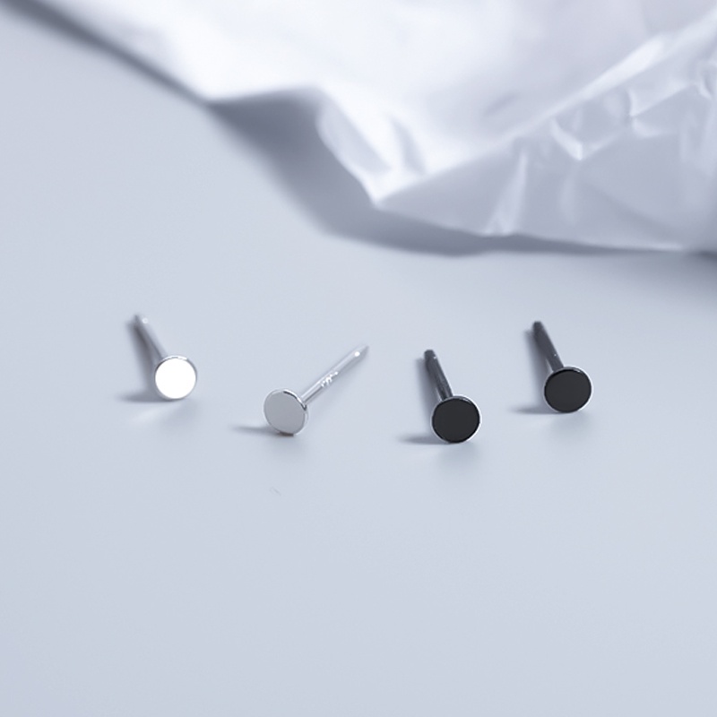 Papaozhu Punk S925 Perak Kecil Disc Stud Earring Untuk Wanita Pria Sederhana Mini Hitam Anting Bulat Keren Telinga Aksesoris Sehari-Hari