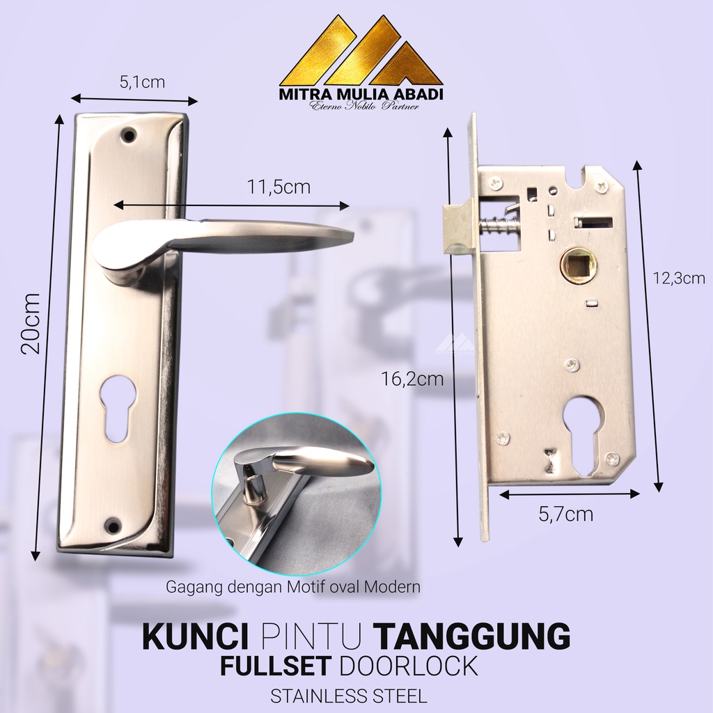 Kunci Pintu Gagang 20cm Tanggung Silinder Full Set Silver