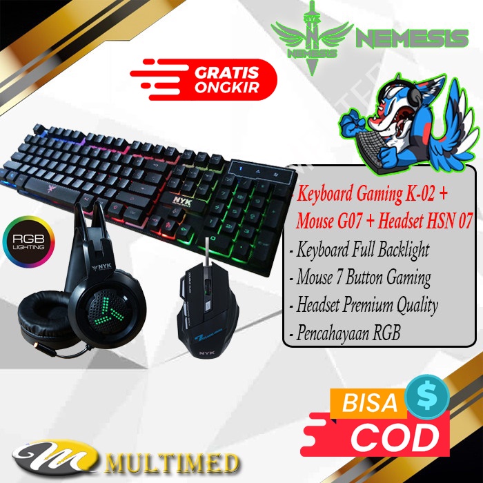 Paket Combo Gaming NYK Keyboard K02 + Mouse G 07 + Headset HSN 07