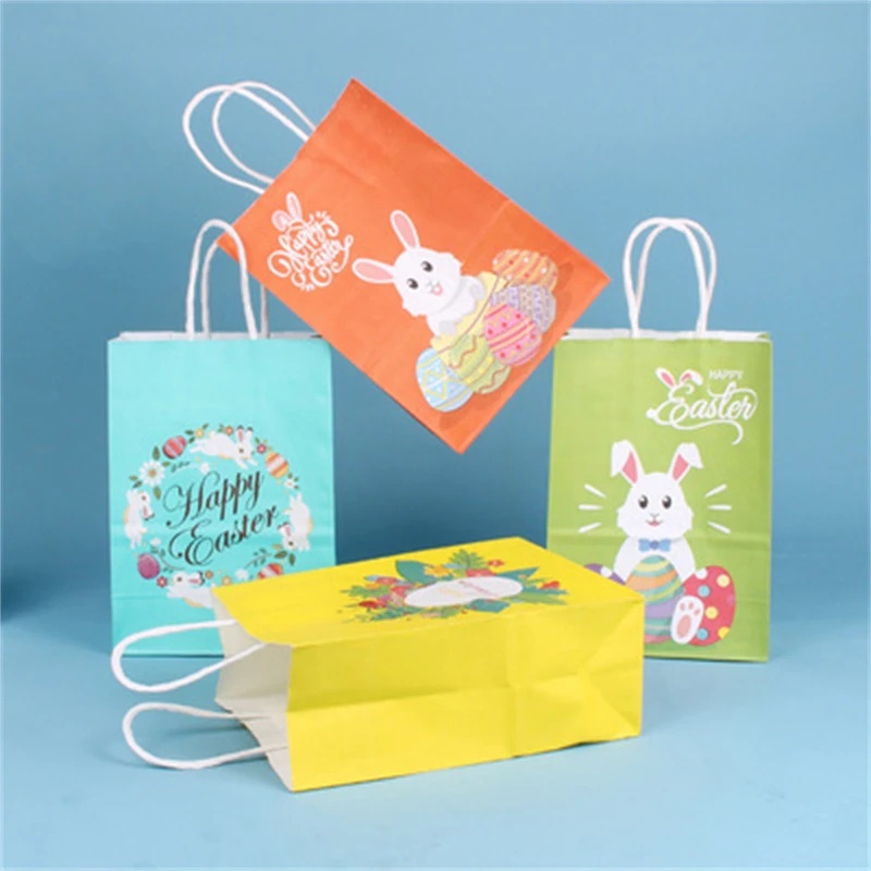 1pc Happy Easter Bunny Paper Bags Kantong Kraft Dengan Pegangan Telur Kelinci Lucu Warna Warni Kekinian Packaging Bag Souvenir Pesta