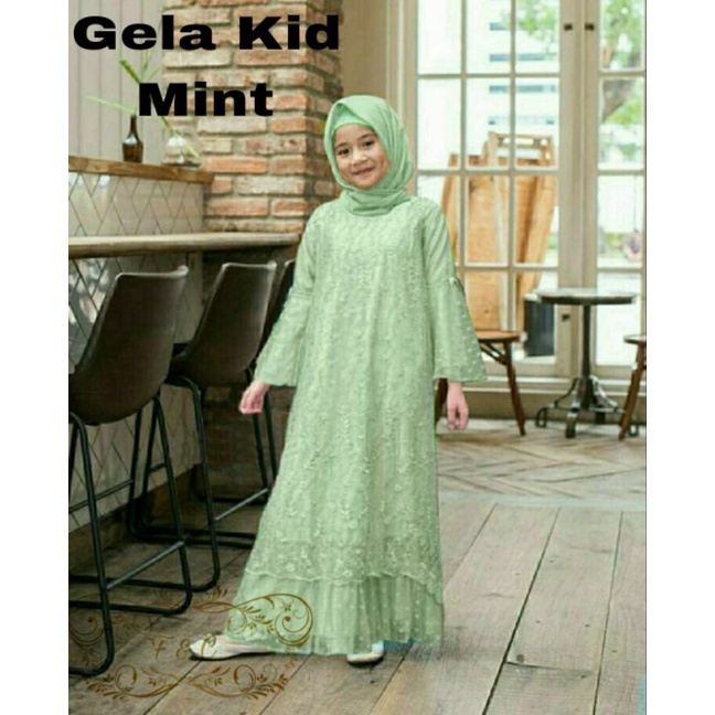 Zaina Dress Baju Gamis Satin Premium Anak Perempuan Seragam Pesta Wanita Muslim - Sage Green Hijau S