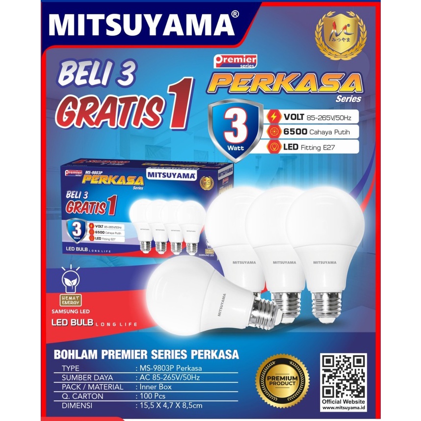 Mitsuyama MS-9803P Lampu Led Bulb 3w Premier Series Perkasa Multipack Kemasan Isi 4 Pcs Original