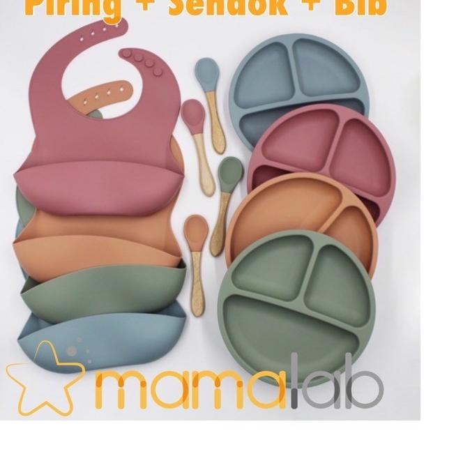 ✭ Piring Sillikon Bayi suction SET Bib dan piring ,sendok(BPAFREE /PIRING BAYI SET SILIKON ANTI TUMP