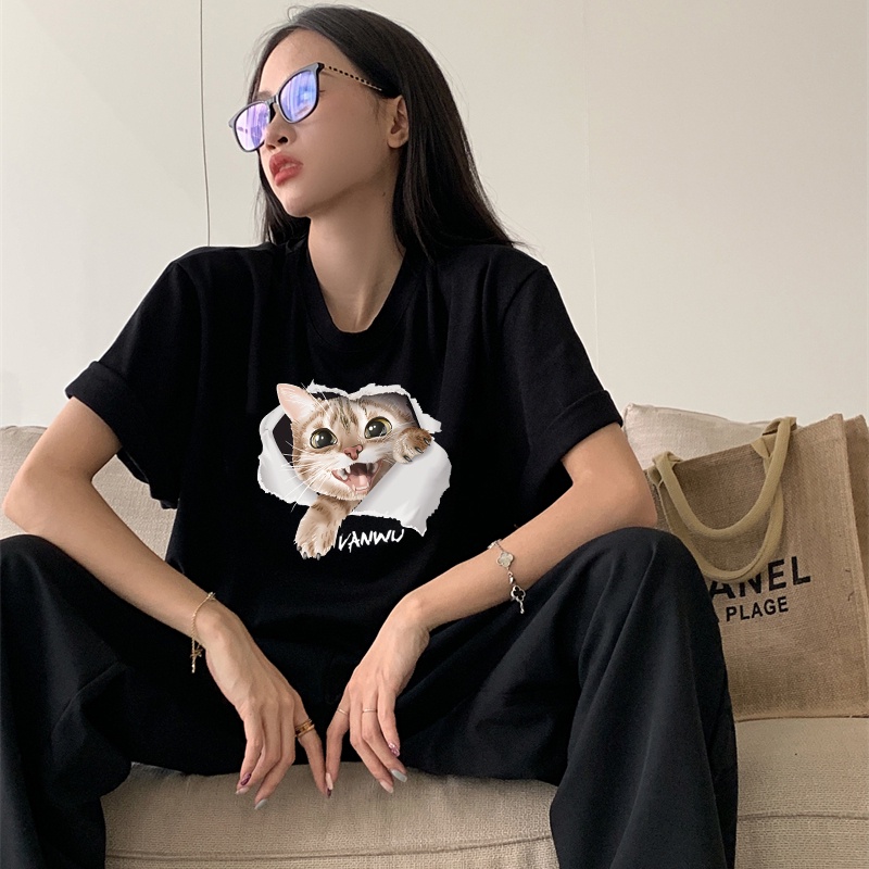 Print T-shirt Kaos Lengan Pendek Cartoon Dog Family Atasan Wanita Oversize Korean Style