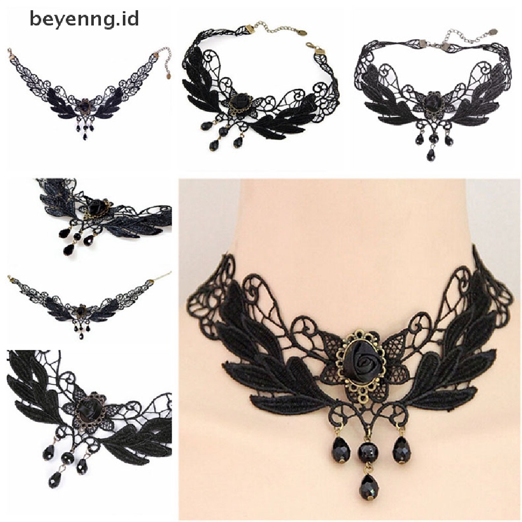 Beyen Baru Wanita Hitam Mawar Teardrop Manik Liontin Renda Choker Lolita Kerah Kalung ID