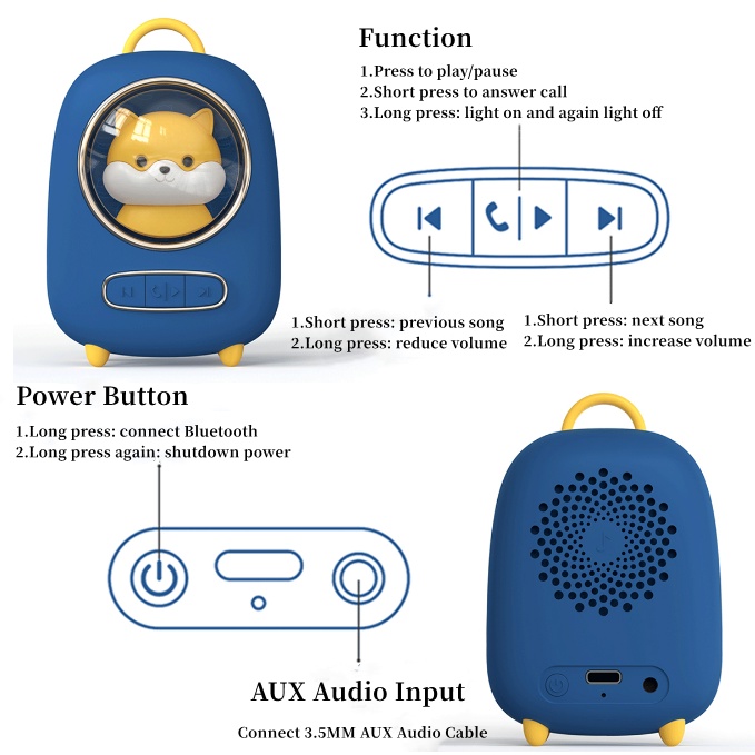 CORN Cute Wireless Speaker Bluetooth 5.0 Portable Mini Super Bass Speaker Handsfree IPX6 Waterproof Built-in Microphone LED Light