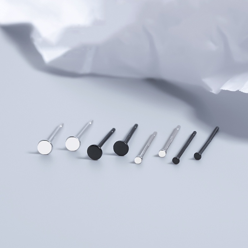 Papaozhu Punk S925 Perak Kecil Disc Stud Earring Untuk Wanita Pria Sederhana Mini Hitam Anting Bulat Keren Telinga Aksesoris Sehari-Hari