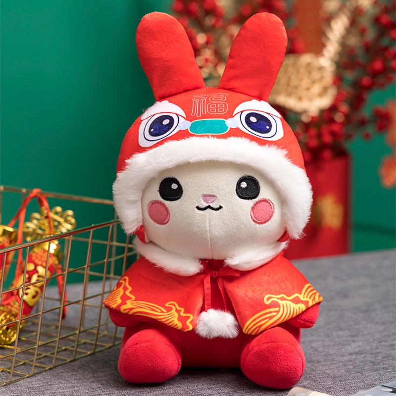 Boneka Kelinci Keberuntungan bahan Plush Ukuran 23 CM Mainan Stuffed Kelinci Jubah Merah