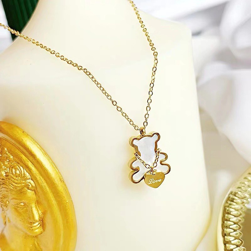 Kalung Klavikula Hias Liontin Beruang Teddy Bahan Titanium Steel 18K Warna Rose Gold