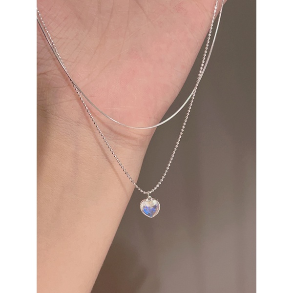 Roselife Chic Double Layer Silver Beaded Chain Opal Heart Pendant Kalung Untuk Wanita Perempuan Gaya Retro Choker Necklaces Jewelry