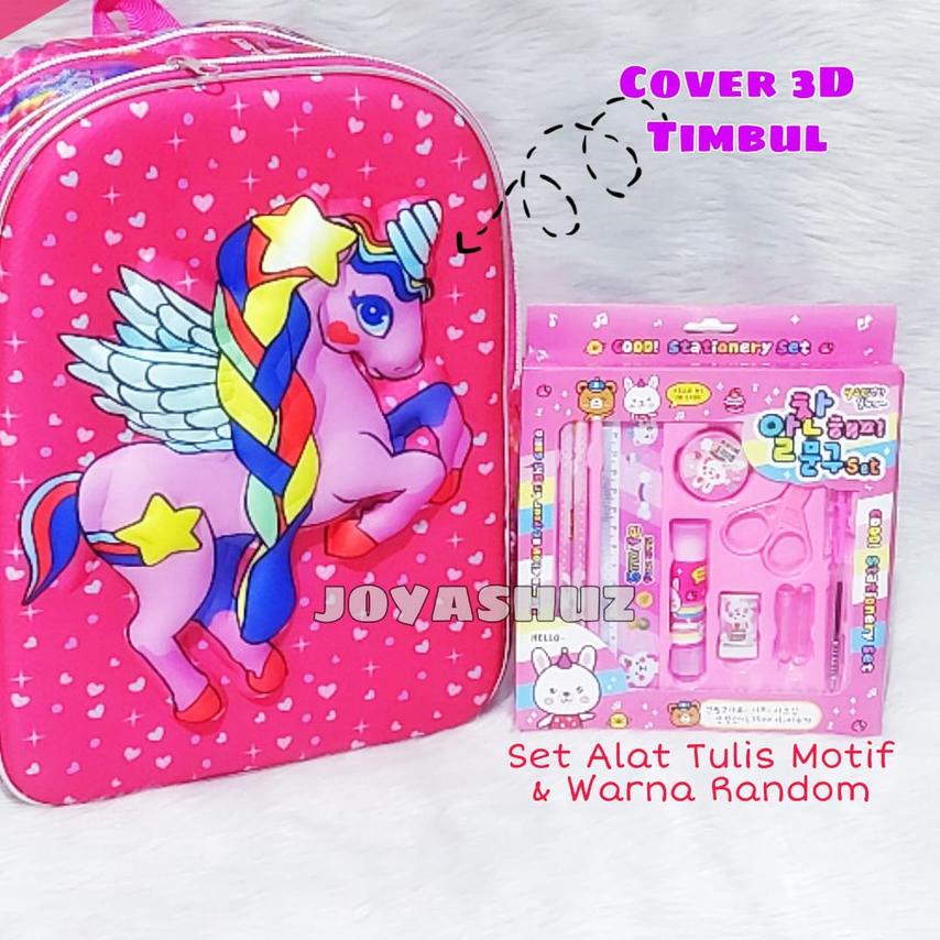 ✤ Tas Sekolah Anak Unicorn 3 Dimensi Gratis Set Alat Tulis / Ransel Unicorn / Tas Karakter Anak ✺