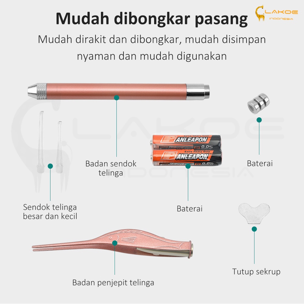 Set Alat Pembersih Telinga Led Korek Kuping Lampu Bahan Stainless Steel