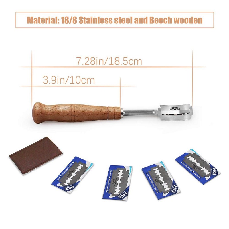 Alat Pemotong Pemotong Baker Roti Bread Lame Dough Scoring Blade Tools Making Razor Cutter Curved Knife with Leather Protective