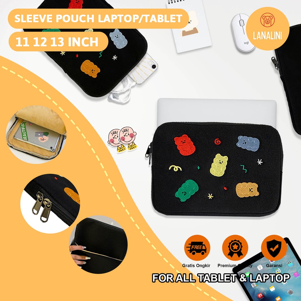 Sleeve Pouch Sarung Tas Bag Case Ipad Tab Tablet Macbook Air Pro Laptop Asus Acer Lenovo HP Huawei 11 12 13 14 15 inch Motif Gambar Bear Beruang Colourfull Warna Hitam Black Lucu Cute Murah Korean Model