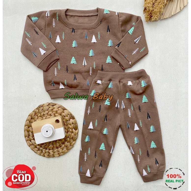 Setelan Baju Bayi Setelan Sweater Celana Joger Motif Pinus Bahan Fleece Usia 3-12 Bulan Anababy