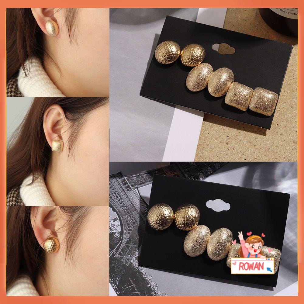 R-flower 3pasang/Set Scrub Gold Anting Charm Fashion Perhiasan Bulat Oval