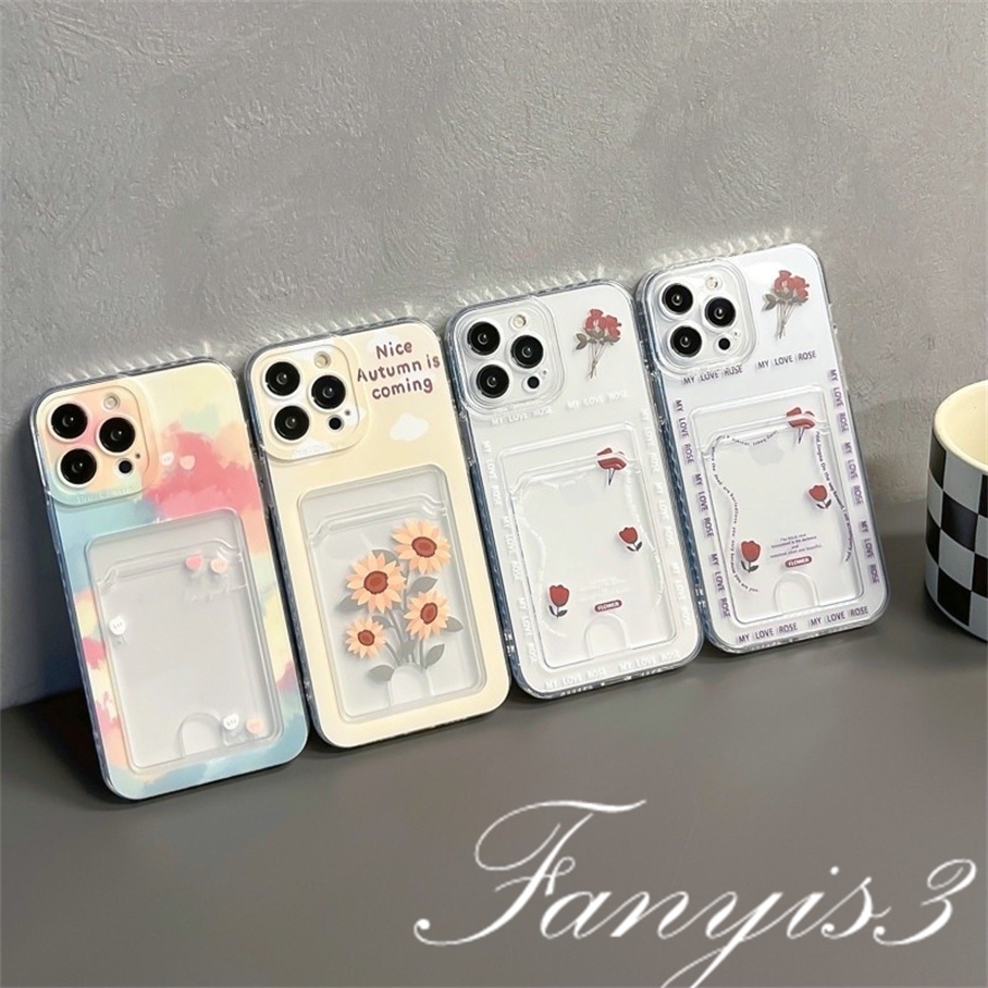 Redmi A1 Plus 10C 10A 10 9A 9C 9 9T Note 11s 10s 9s 11 10 9 8 Pro Poco X3 NFC X3Pro Mi 11 12 Lite 11T Pro Rose Sunflower Card Holder Phone Case Clear TPU Soft Cover Pelindung