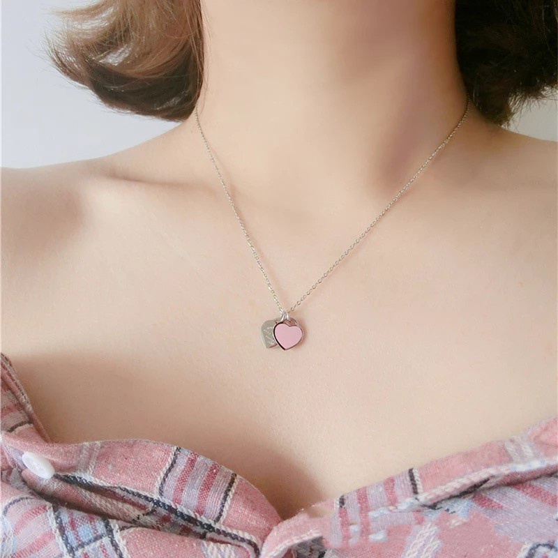 Kalung Rantai Dengan Liontin Hati Ganda Untuk Wanita | Kalung Rantai Klavikula Bahan Titanium Steel 18k Warna Rose Gold | Kalung Bahan Stainless Steel