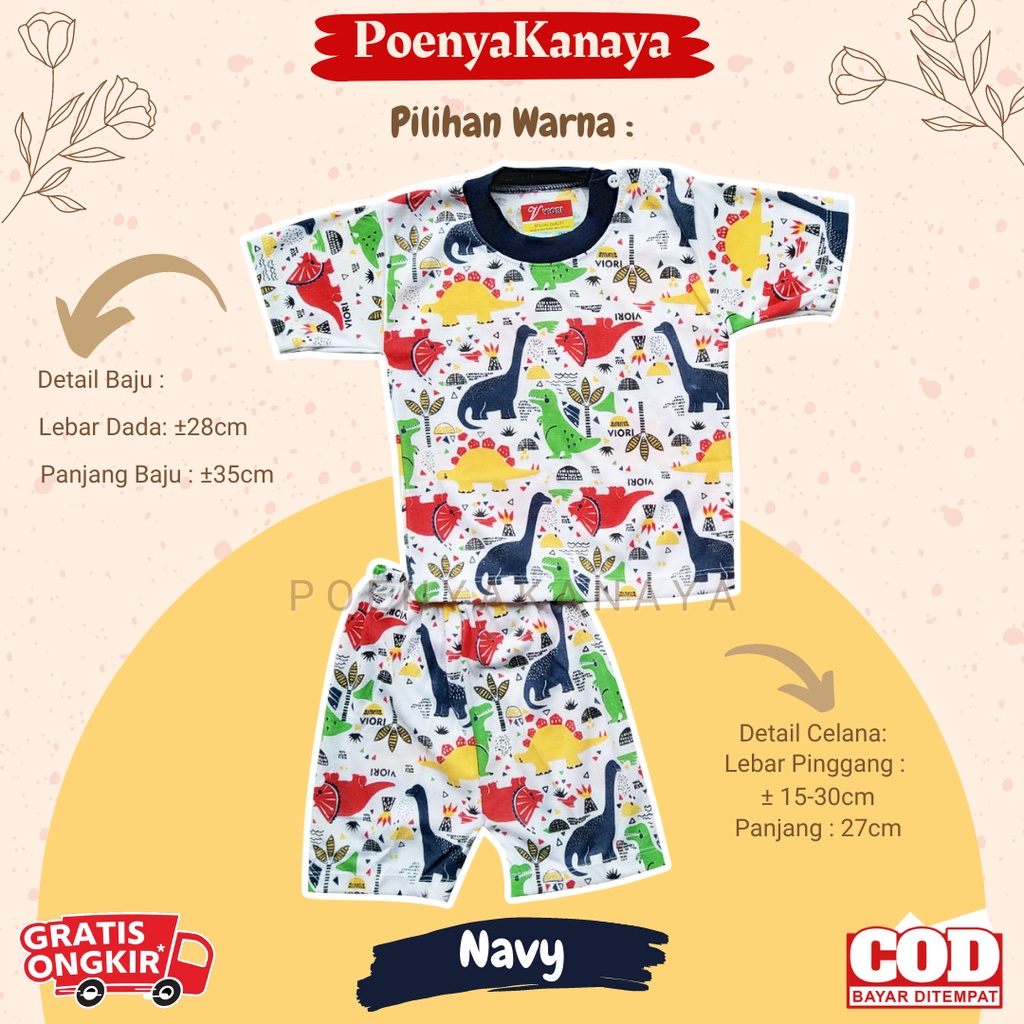 Setelan Baju Bayi Piyama PENDEK DINOSAURUS FULL PRINT Viori Size 6-18 Bulan STL25