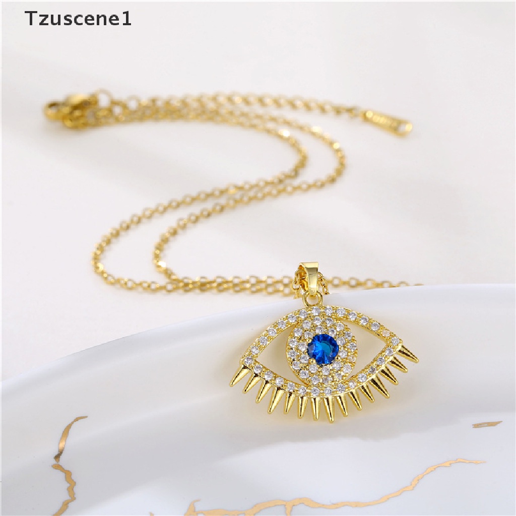 [Tzuscene1] Evil Eye Charm Pendant Lapis Emas Asli 18K Cubic Zirconia Perhiasan Kalung Butik