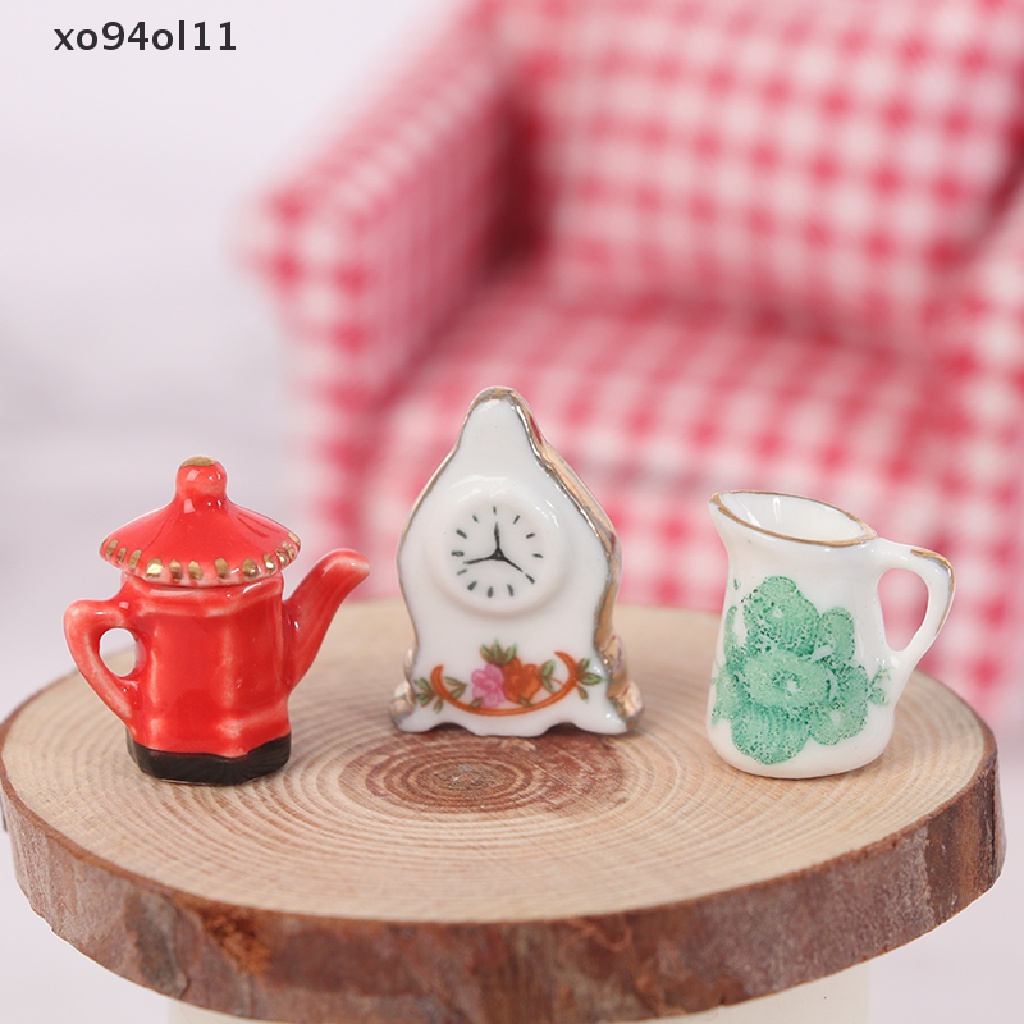 Xo 3pcs/Set Miniatur Rumah Boneka Teko Motif Bunga+Jam Set Furniture Dapur OL