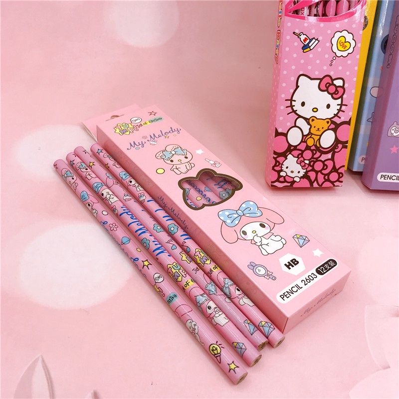 12pcs Sanrio Kuromi Pensil Kawaii Hellokitty Pochacco Alat Tulis Siswa Perlengkapan Sekolah Cinnamoroll Hadiah Siswa Sanrio Pulpen