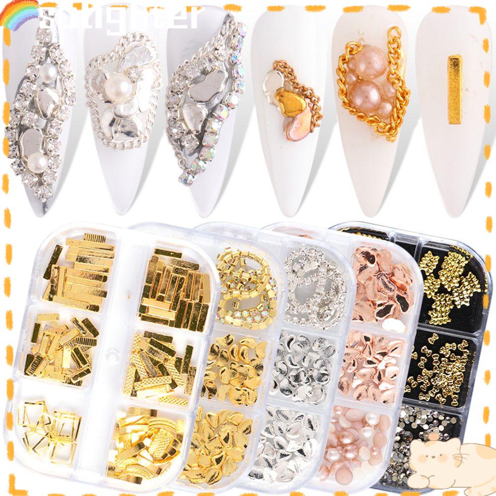 Solighter 6kisi Kuku Logam DIY Manicure Campuran 3D Glitter Perhiasan Nail Art Dekorasi