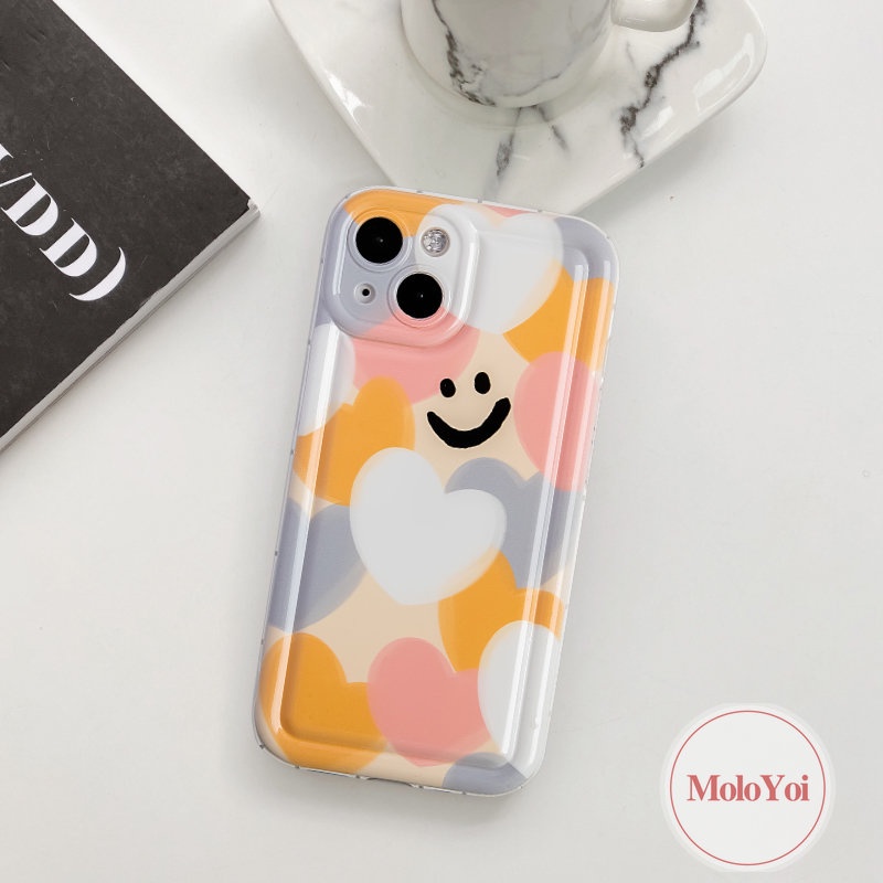 IPHONE Kartun Smiley Case Warna-Warni Cinta Hati Kompatibel Untuk Iphone11 14 13 12 Pro MAX XR 6 6S 78 Plus X XS MAX Shockproof Airbag Lembut TPU Silicon Back Cover