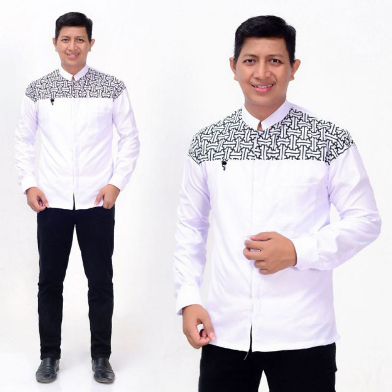 kemeja KOKO SANGHAI LENGAN PANJANG kombinasi motif batik hitam abu maron coklat putih hitam nabi biru