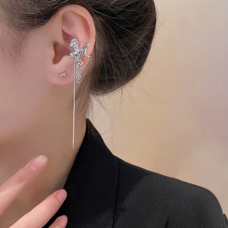 Magic789 Elegan S925 Perak Kupu-Kupu Rumbai Klip Anting-Anting Untuk Wanita Perempuan Trendi Bersinar Berlian Imitasi Studs Earrings Temperamen Telinga Aksesoris