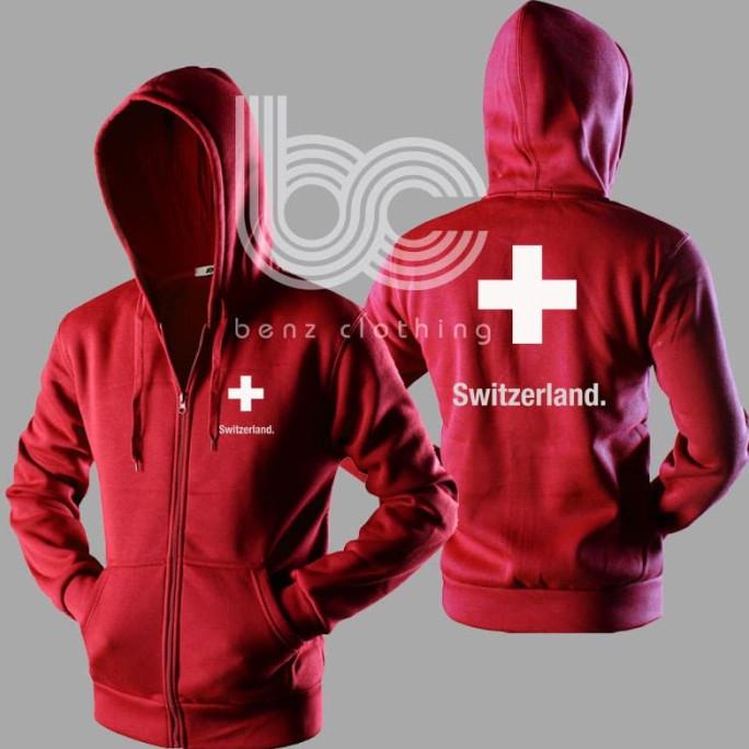 Jaket Hoodie Sweater Switzerland Outerwear Pria Wanita Zipper Resleting Depan Polos Sablon Polyflek 