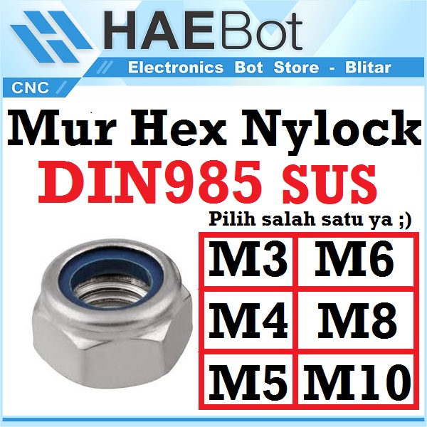 [HAEBOT] Mur HEX Nylon Lock Nut M3 M4 M5 M6 M8 M10 DIN985 SS 304 Stainless Steel Pengunci
