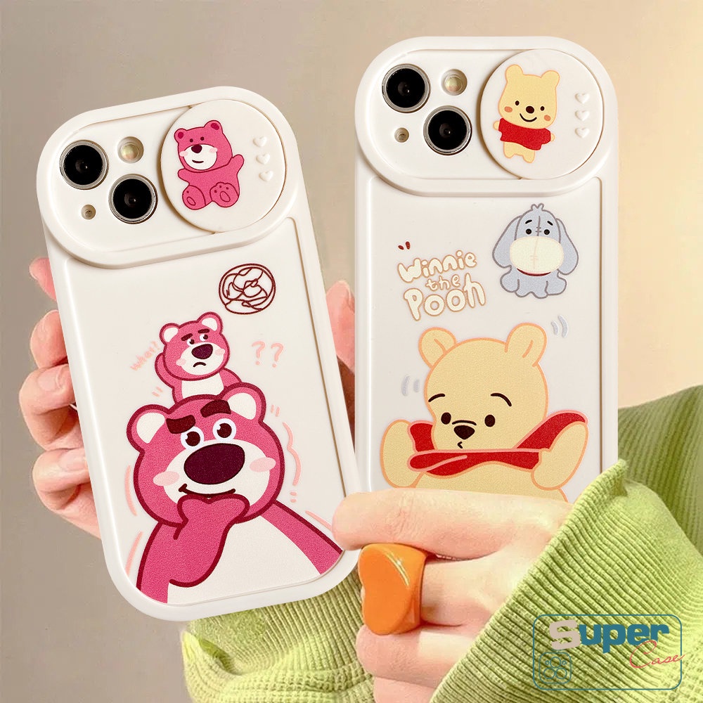 Kartun Manyo Strawberry Bear Winnie the Pooh Couple Case Kompatibel Untuk IPhone 7plus 11 13 12 Pro Max7 8 Plus XR X XS MAX Lembut TPU Silicon Pull Push Window Penutup Pelindung Kamera