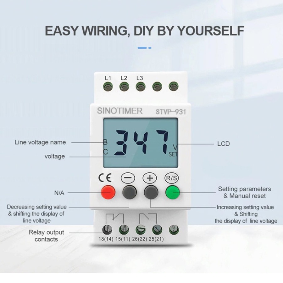 Under Over Voltage Protector 3 Phase Monitor Relay LCD 300-500VAC 50Hz