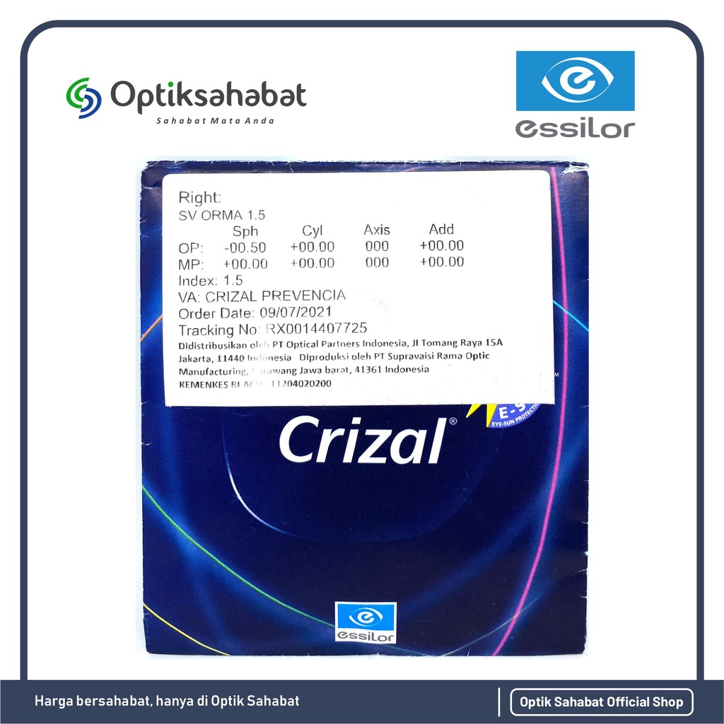 Lensa Essilor SV Orma Crizal Prevencia Original